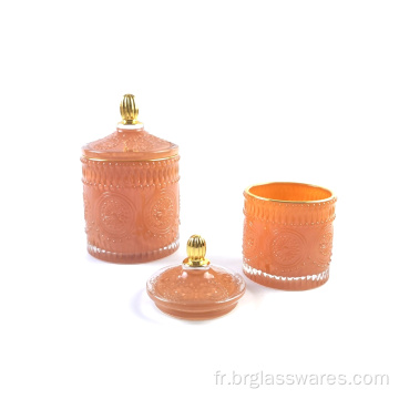 Pot de bougie en verre coloré pulvérisé par vente chaude 2021 avec jante/bouton en or
